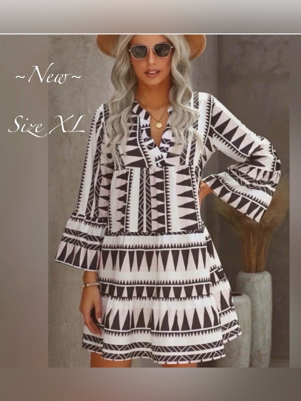 Aztec~Split V Neck Straight Hem A-Line Dress Size XL 🪴🆕🪴